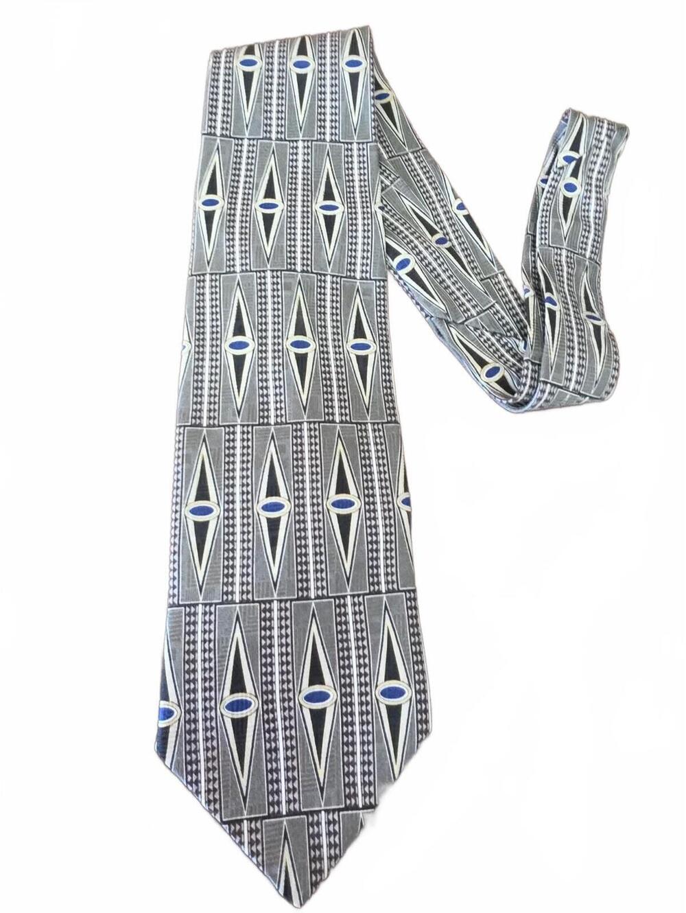 Zylos George Machado Men's Necktie Tie Silk Navy Blue Silver White Geometric